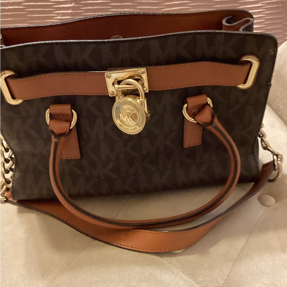 Michael Kors Dark Brown and Tan Satchel with Gold Details